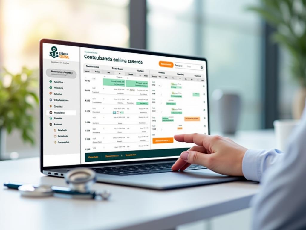 Interface amigável de um sistema de agendamento online, com calendário mostrando horários disponíveis e botões de confirmação.