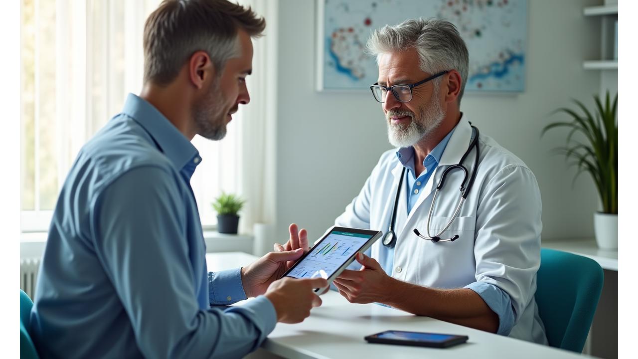 Médico especialista em saúde masculina explicando resultados a um paciente adulto em ambiente moderno e acolhedor.