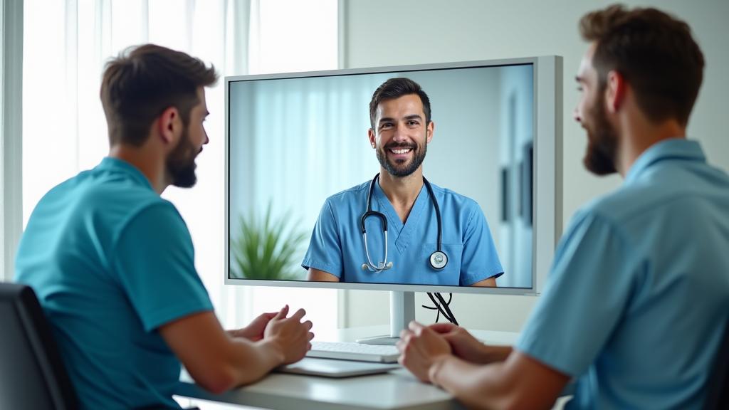 Representação visual de telemedicina e consulta presencial, lado a lado, mostrando a mesma qualidade de atendimento.