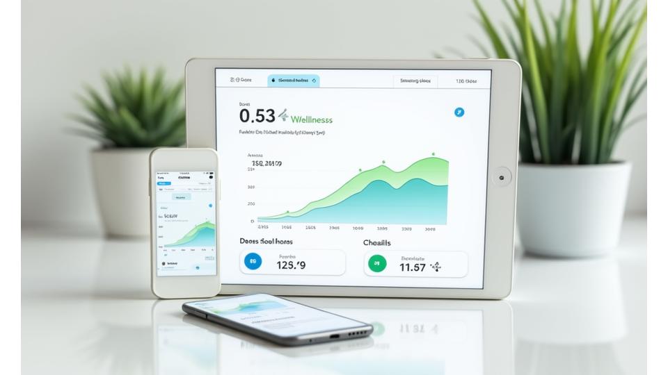 Interface amigável de uma aplicação de acompanhamento de saúde em tablet e smartphone, mostrando gráficos de progresso e metas.