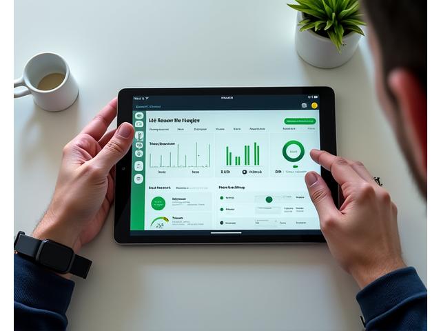 Homem consultando um plano de treino personalizado em um tablet, com gráficos de progresso e estatísticas.