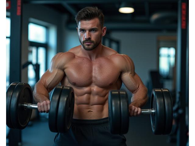 Homem levantando peso em academia, focado e forte, simbolizando exercícios